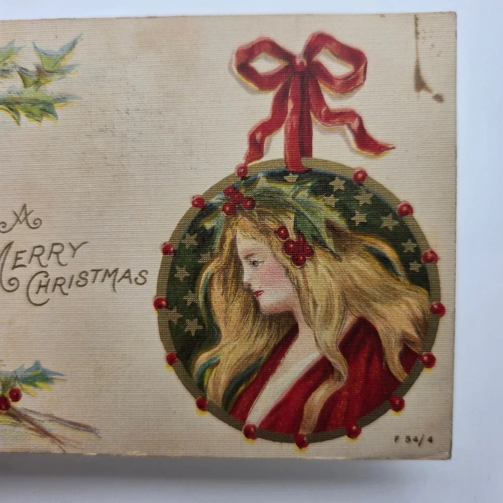 Vintage Rotograph Co Christmas Postcard Lady Ornament Holly 1906 San Francisco